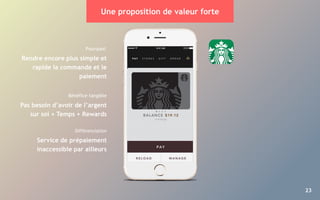 23
Pourquoi:
Rendre encore plus simple et
rapide la commande et le
paiement
Bénéfice tangible
Pas besoin d’avoir de l’argent
sur soi + Temps + Rewards
Différenciation
Service de prépaiement
inaccessible par ailleurs
Une proposition de valeur forte
 