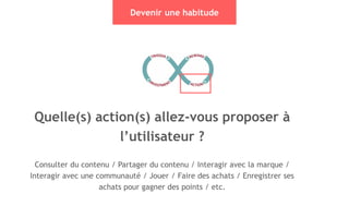 35
Devenir une habitude
Quelle(s) action(s) allez-vous proposer à
l’utilisateur ?
Consulter du contenu / Partager du contenu / Interagir avec la marque /
Interagir avec une communauté / Jouer / Faire des achats / Enregistrer ses
achats pour gagner des points / etc.
 