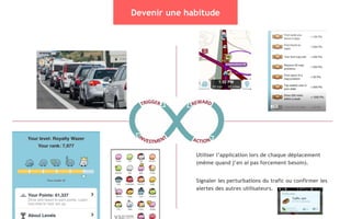 Devenir une habitude
Utiliser l’application lors de chaque déplacement
(même quand j’en ai pas forcement besoin).
Signaler les perturbations du trafic ou confirmer les
alertes des autres utilisateurs.
 