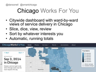@danxoneil @smartchicago 
Chicago Works For You 
• Citywide dashboard with ward-by-ward 
views of service delivery in Chicago 
• Slice, dice, view, review 
• Sort by whatever interests you 
• Automatic, running totals 
November 11, 2014 33 
 