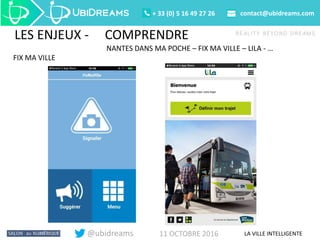 LES OUTILS+ 33 (0) 5 16 49 27 26 contact@ubidreams.com
LA VILLE INTELLIGENTE
LES ENJEUX - USAGES
LES LIEUX CONECTES – Enjeux Mailler les villes avec le mobilier URBAIN - PROJET DEPOSE
 