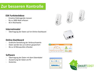Zur besseren Kontrolle
ESK Funksteckdose
- Einzelne Elektrogeräte messen
- Bis zu 3000 Watt erfassen
- 40 m Reichweite
Internetmodul
- Übertragung der Daten auf ein Online-Dashboard
Online-Dashboard
- Grafische Darstellung der Verbrauchswerte
- Daten werden bis zu 6 Jahren gespeichert
- Bis zu 10 Messpunkte erfassbar
Software
- Übertragung der Daten mit dem Datenkabel
- Auswertung der Daten am PC
- Kostenlos
 