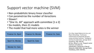 Support vector machine (SVM)
• Non-probabilistic binary linear classifier
• Can parametrize the number of iteractions
• Slower!
• “One Vs. All” approach with committee [1 e 2]
• Six models, then 21 models
• The model that had more votes is the winner
[1] e Silva, Sergio Roberto de Lima, and
Mauro Roisenberg. "Continuous
authentication by keystroke dynamics
using committee machines." Intelligence
and Security Informatics. Springer Berlin
Heidelberg, 2006. 686-687.
[2] Sun, Bing-Yu, et al. "Support vector
machine committee for
classification."Advances in Neural
Networks–ISNN 2004. Springer Berlin
Heidelberg, 2004. 648-653.
Finance Vs. Sport Finance Vs. Movies Finance Vs. Cars
Sport Vs. Movies Sport Vs. Cars
Movies Vs. Cars
 