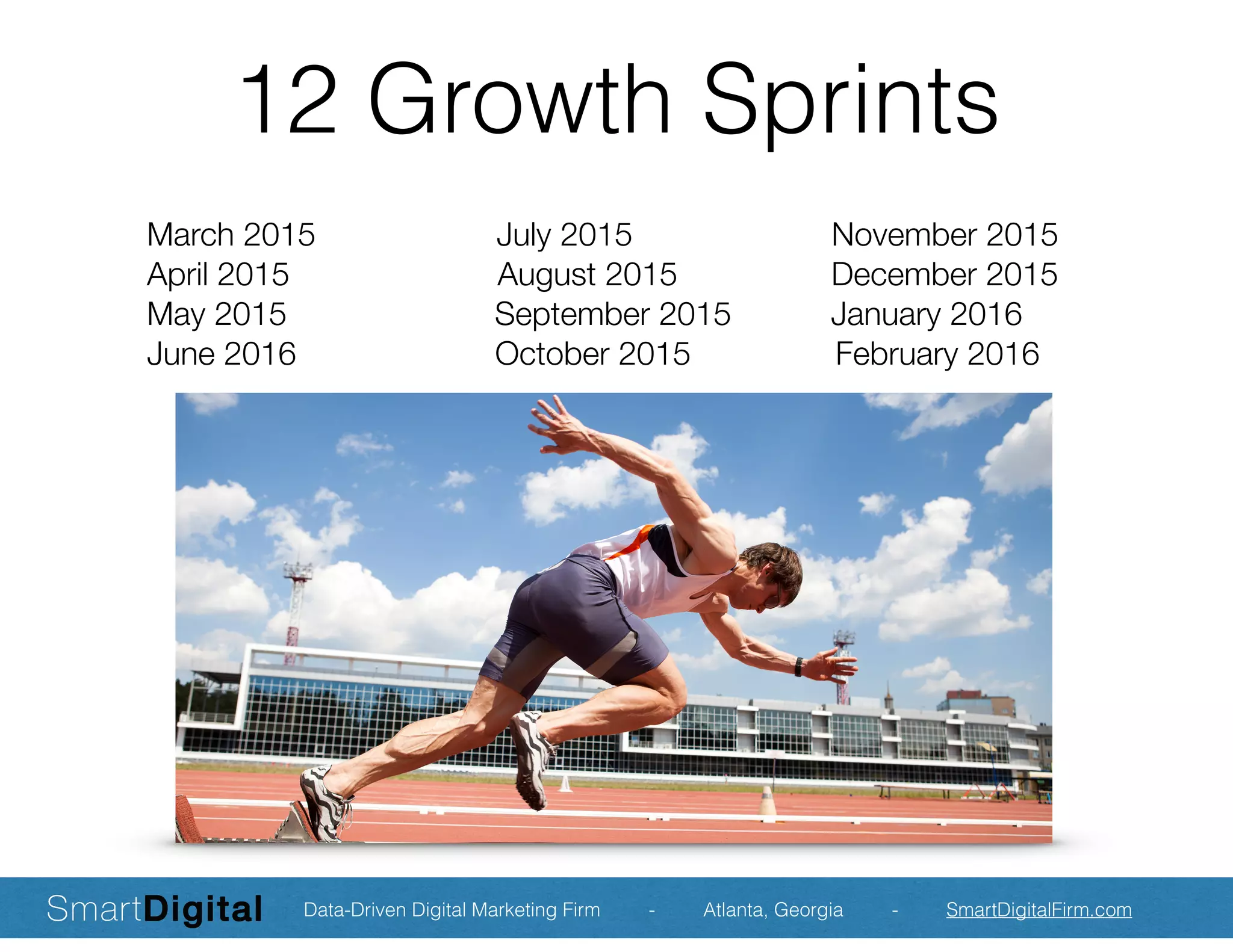 12 Growth Sprints
March 2015 July 2015 November 2015
April 2015 August 2015 December 2015
May 2015 September 2015 January 2016
June 2016 October 2015 February 2016 
Data-Driven Digital Marketing Firm - Atlanta, Georgia - SmartDigitalFirm.com
 