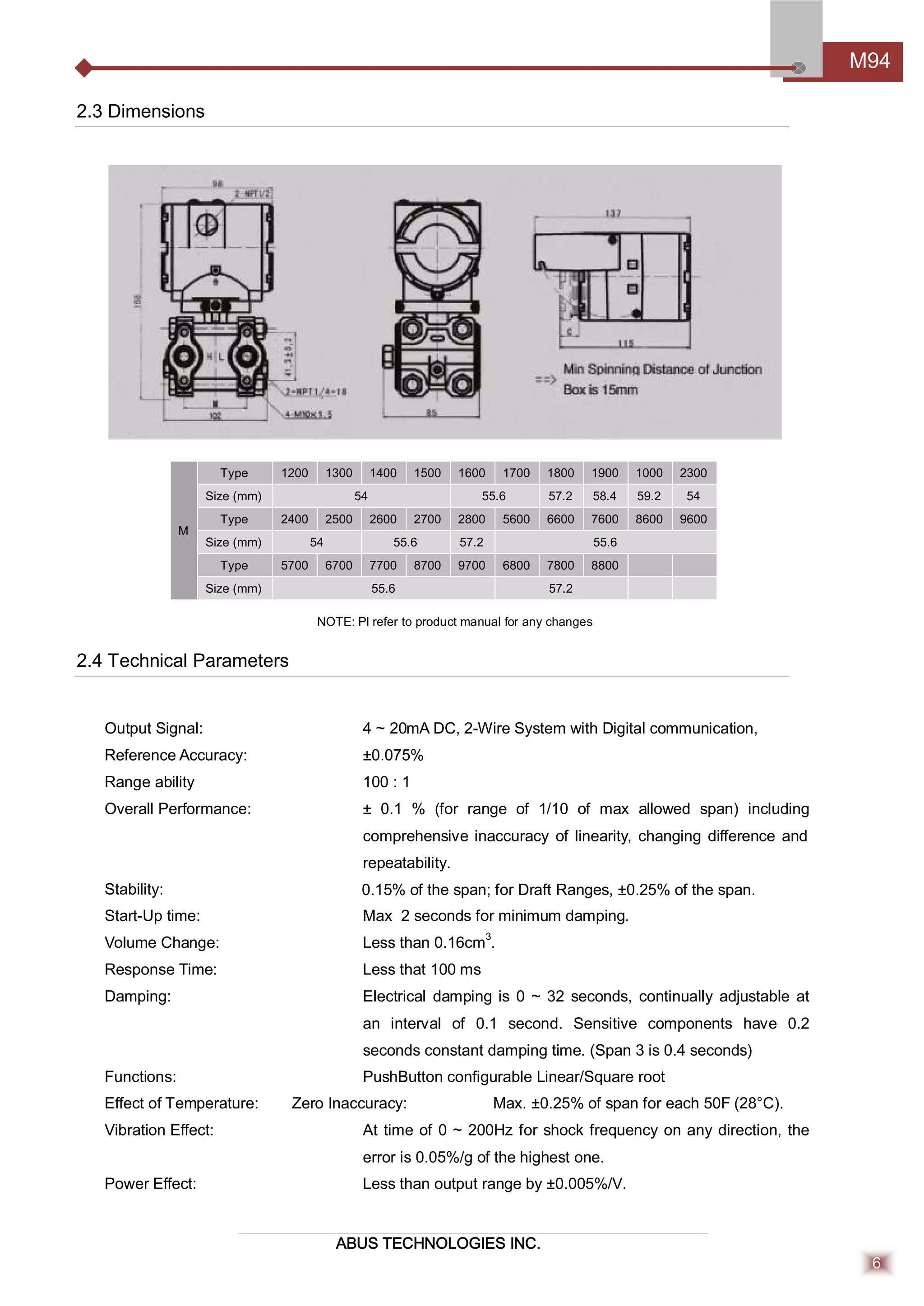 0.15% of the span; for Draft Ranges, ±0.25% of the span.
ABUS TECHNOLOGIES INC.
M94
6
2.3 Dimensions
M
Type 1200 1300 1400 1500 1600 1700 1800 1900 1000 2300
Size (mm) 54 55.6 57.2 58.4 59.2 54
Type 2400 2500 2600 2700 2800 5600 6600 7600 8600 9600
Size (mm) 54 55.6 57.2 55.6
Type 5700 6700 7700 8700 9700 6800 7800 8800
Size (mm) 55.6 57.2
NOTE: Pl refer to product manual for any changes
2.4 Technical Parameters
Output Signal: 4 ~ 20mA DC, 2-Wire System with Digital communication,
Reference Accuracy: ±0.075%
Range ability 100 : 1
Overall Performance: ± 0.1 % (for range of 1/10 of max allowed span) including
comprehensive inaccuracy of linearity, changing diﬀerence and
repeatability.
Stability:
Start-Up time: Max 2 seconds for minimum damping.
Volume Change: Less than 0.16cm3
.
Response Time: Less that 100 ms
Damping: Electrical damping is 0 ~ 32 seconds, continually adjustable at
an interval of 0.1 second. Sensitive components have 0.2
seconds constant damping time. (Span 3 is 0.4 seconds)
Functions: PushButton conﬁgurable Linear/Square root
Eﬀect of Temperature: Zero Inaccuracy: Max. ±0.25% of span for each 50F (28°C).
Vibration Eﬀect: At time of 0 ~ 200Hz for shock frequency on any direction, the
error is 0.05%/g of the highest one.
Power Eﬀect: Less than output range by ±0.005%/V.
 