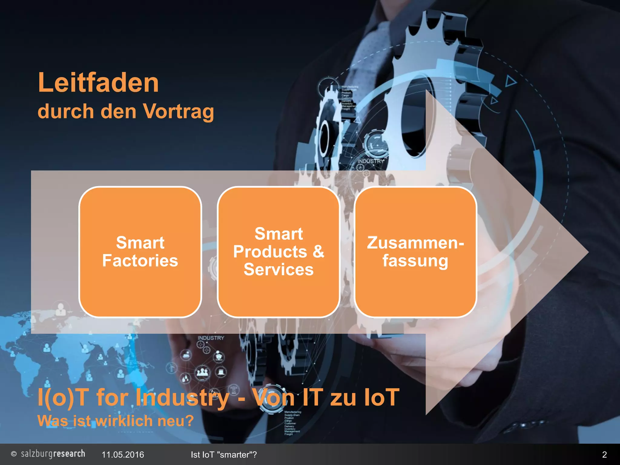 11.05.2016 Ist IoT "smarter"? 2
Smart
Factories
Smart
Products &
Services
Zusammen-
fassung
Leitfaden
durch den Vortrag
I(o)T for Industry - Von IT zu IoT
Was ist wirklich neu?
 