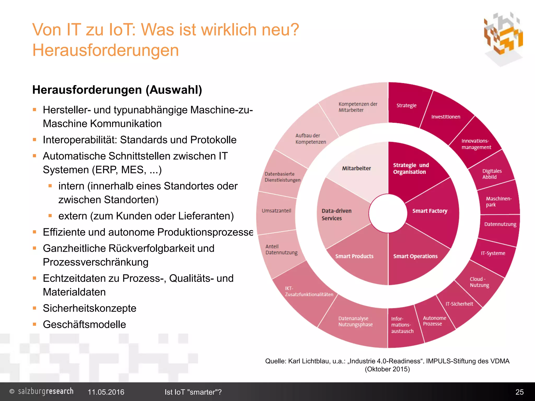 Von IT zu IoT: Was ist wirklich neu?
Herausforderungen
Herausforderungen (Auswahl)
 Hersteller- und typunabhängige Maschine-zu-
Maschine Kommunikation
 Interoperabilität: Standards und Protokolle
 Automatische Schnittstellen zwischen IT
Systemen (ERP, MES, ...)
 intern (innerhalb eines Standortes oder
zwischen Standorten)
 extern (zum Kunden oder Lieferanten)
 Effiziente und autonome Produktionsprozesse
 Ganzheitliche Rückverfolgbarkeit und
Prozessverschränkung
 Echtzeitdaten zu Prozess-, Qualitäts- und
Materialdaten
 Sicherheitskonzepte
 Geschäftsmodelle
11.05.2016 Ist IoT "smarter"? 25
Quelle: Karl Lichtblau, u.a.: „Industrie 4.0-Readiness“. IMPULS-Stiftung des VDMA
(Oktober 2015)
 