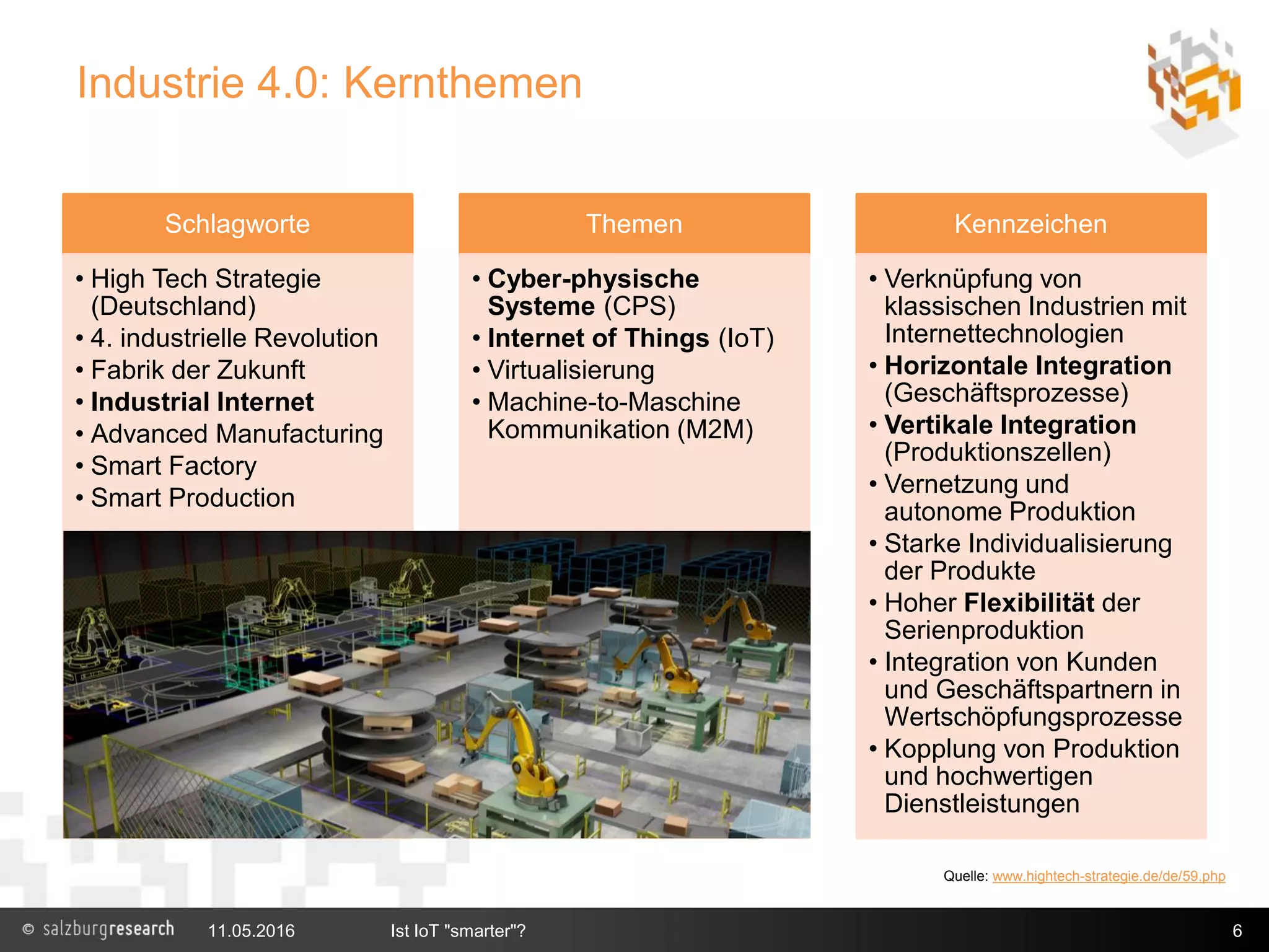 Industrie 4.0: Kernthemen
Schlagworte
• High Tech Strategie
(Deutschland)
• 4. industrielle Revolution
• Fabrik der Zukunft
• Industrial Internet
• Advanced Manufacturing
• Smart Factory
• Smart Production
Themen
• Cyber-physische
Systeme (CPS)
• Internet of Things (IoT)
• Virtualisierung
• Machine-to-Maschine
Kommunikation (M2M)
Kennzeichen
• Verknüpfung von
klassischen Industrien mit
Internettechnologien
• Horizontale Integration
(Geschäftsprozesse)
• Vertikale Integration
(Produktionszellen)
• Vernetzung und
autonome Produktion
• Starke Individualisierung
der Produkte
• Hoher Flexibilität der
Serienproduktion
• Integration von Kunden
und Geschäftspartnern in
Wertschöpfungsprozesse
• Kopplung von Produktion
und hochwertigen
Dienstleistungen
6
Quelle: www.hightech-strategie.de/de/59.php
11.05.2016 Ist IoT "smarter"?
 