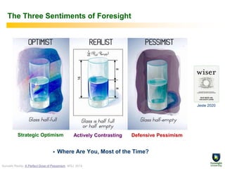 The Three Sentiments of Foresight
 Where Are You, Most of the Time?
Defensive Pessimism
Strategic Optimism Actively Contrasting
Sumathi Reddy, A Perfect Dose of Pessimism, WSJ, 2014.
Jeste 2020
 