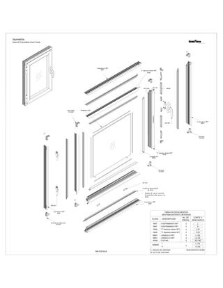 DESCUENTOPIEZAS
L= ANCHO DE VENTANA
H= ALTO DE VENTANA
CONTRAMARCO RPT
"Z" Apertura interior RPT
R008
VIDRIO
H
L
R007
R007
R008
DESCUENTOS EN MM.
2
2
2
H-43
H-142
L-142
L-43
L
H
TABLA DE DESCUENTOS
VENTANA BATIENTE INTERIOR
CLAVE
CORTE YNo. DE
JUNQUILLO RPT68501 2 L-122
JUNQUILLO RPT68501 2 H-122
PLETINA45050 2 H/2-160
GN-451
GN-450
45050
Contramarco RPT
R007
Escuadra
GN-650
Contramarco RPT
R007
"Z" Apertura interior RPT
R008
Junquillo RPT
68501
Escuadra de Alineacion
GN-618
Contramarco RPT
R007
Contramarco RPT
R007
"Z" Apertura interior RPT
R008
ESCUADRA
GN-650
Escuadra
GN-650
GN-554
CONTRAMARCO RPT
"Z" Apertura interior RPT
2
2
EP-0126
EP-135
Central de Hermeticidad
EP-0734
* Despues de colocar Central de
Hermeticidad sellar uniones con
loctite
SIN ESCALA
T E C H N O L O G Y
Serie 45 Proyectable Smart Frame
 