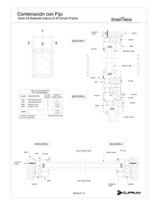 1
23 4
Serie 45 Batiente Interna S-45 Smart Frame
ESCALA 1:2
MURO
TAQUETE
Y PIJA
GN-650
GN-650
VIDRIO 24 MM
EP-0135
VIDRIO 24 MM
GN-650
EP-0734
EP-0126
68501
R007
R009
EP-0126
R007 EP-0126
VIDRIO 24 MM
E X T E R I O R
I N T E R I O R
MURO
TAQUETE
Y PIJA
68501
GN-650 GN-650EMPAQUE
GN-454
GN-554
T E C H N O L O G Y
DESCUENTOPIEZAS
L= ANCHO DE VENTANA
H= ALTO DE VENTANA
CONTRAMARCO RPT
VIDRIO
H
L
R007
R007
DESCUENTOS EN MM.
1
2
2
H- 65
L- 65
L
H
TABLA DE DESCUENTOS
FIJO CONTRAMARCO
CLAVE
CORTE YNo. DE
JUNQUILLO RPT68501 2 L- 45
JUNQUILLO RPT68501 2 H- 45
CONTRAMARCO RPT
 