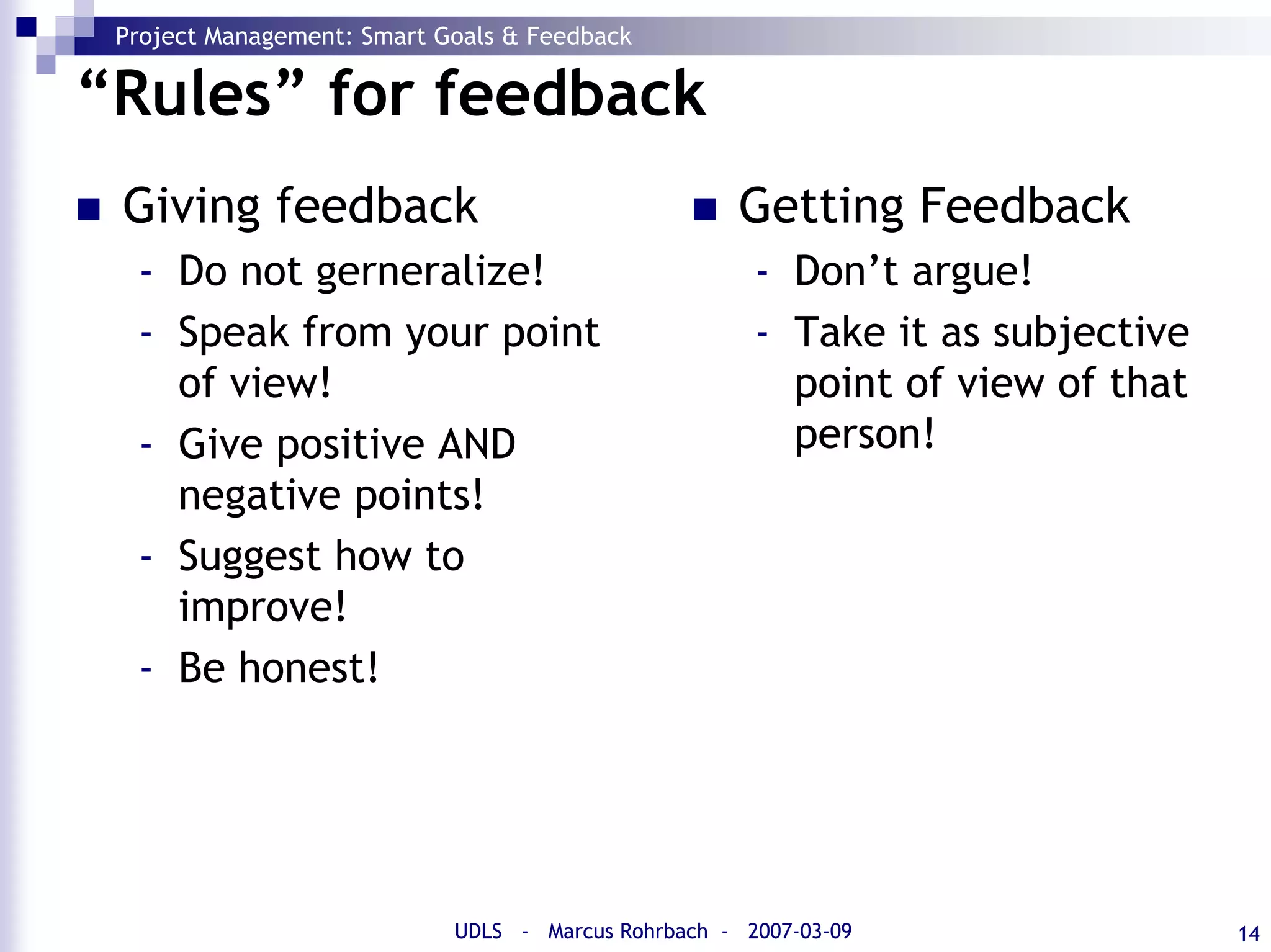 SMART Goals and Feedback (Project Management)