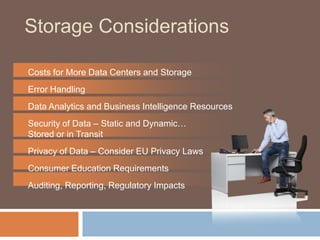 Storage Considerations

Costs for More Data Centers and Storage
Error Handling
Data Analytics and Business Intelligence Resources
Security of Data – Static and Dynamic…
Stored or in Transit
Privacy of Data – Consider EU Privacy Laws
Consumer Education Requirements
Auditing, Reporting, Regulatory Impacts
 