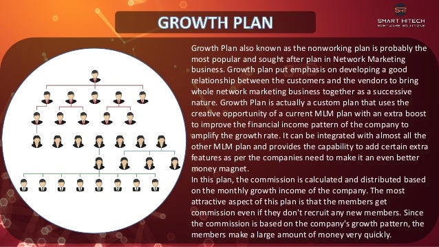 Growth Plan also known as the nonworking plan is probably the
most popular and sought after plan in Network Marketing
business. Growth plan put emphasis on developing a good
relationship between the customers and the vendors to bring
whole network marketing business together as a successive
nature. Growth Plan is actually a custom plan that uses the
creative opportunity of a current MLM plan with an extra boost
to improve the financial income pattern of the company to
amplify the growth rate. It can be integrated with almost all the
other MLM plan and provides the capability to add certain extra
features as per the companies need to make it an even better
money magnet.
In this plan, the commission is calculated and distributed based
on the monthly growth income of the company. The most
attractive aspect of this plan is that the members get
commission even if they don't recruit any new members. Since
the commission is based on the company's growth pattern, the
members make a large amount of money very quickly.
 