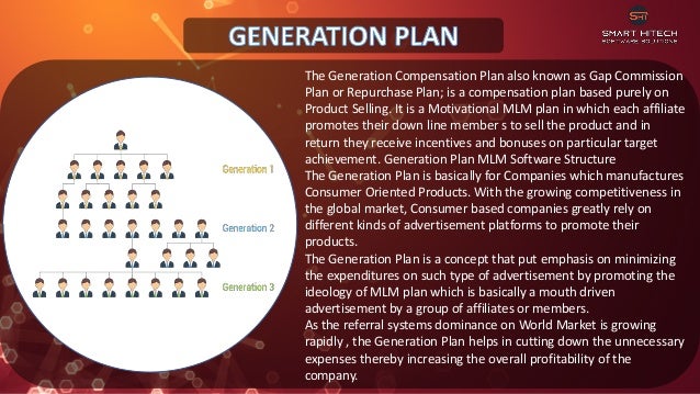The Generation Compensation Plan also known as Gap Commission
Plan or Repurchase Plan; is a compensation plan based purely on
Product Selling. It is a Motivational MLM plan in which each affiliate
promotes their down line member s to sell the product and in
return they receive incentives and bonuses on particular target
achievement. Generation Plan MLM Software Structure
The Generation Plan is basically for Companies which manufactures
Consumer Oriented Products. With the growing competitiveness in
the global market, Consumer based companies greatly rely on
different kinds of advertisement platforms to promote their
products.
The Generation Plan is a concept that put emphasis on minimizing
the expenditures on such type of advertisement by promoting the
ideology of MLM plan which is basically a mouth driven
advertisement by a group of affiliates or members.
As the referral systems dominance on World Market is growing
rapidly , the Generation Plan helps in cutting down the unnecessary
expenses thereby increasing the overall profitability of the
company.
 