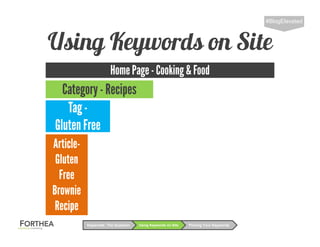 Using Keywords on Site
#BlogElevated
Using Keywords on SiteKeywords: The Question Picking Your Keywords
HomePage - Cooking& Food
Category- Recipes
Tag -
Gluten Free
Article-
Gluten
Free
Brownie
Recipe
 