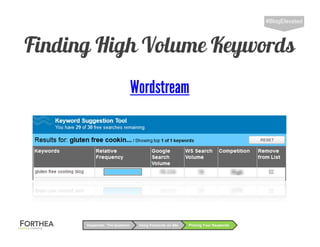 Finding High Volume Keywords
#BlogElevated
Using Keywords on SiteKeywords: The Question Picking Your Keywords
Wordstream
 