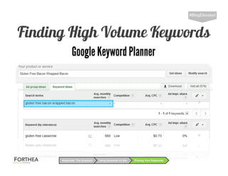 Finding High Volume Keywords
#BlogElevated
Using Keywords on SiteKeywords: The Question Picking Your Keywords
Google Keyword Planner
 