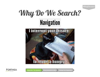Why Do We Search?
#BlogElevated
Using Keywords on SiteKeywords: The Question Picking Your Keywords
Navigation
 