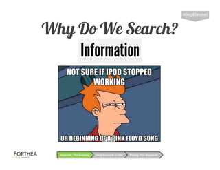 Why Do We Search?
#BlogElevated
Using Keywords on SiteKeywords: The Question Picking Your Keywords
Information
 
