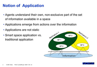 Notion of Application

    • Agents understand their own, non-exclusive part of the set
      of information available in a space
    • Applications emerge from actions over the information
    • Applications are not static                                                                   Ap
                                                                          o   n1                       p   lic
    • Smart space application vs.                                    at i                  KP 3               at
                                                              p   lic                                            io
                                                                                                                      n
                                                           Ap                                                             2
      traditional application                                                 KP 1

                                                                                                      KP 4
                                                                                   KP 2




                                                                                      Information


4     © 2008 Nokia   FRUCT_SmartM3.ppt / 2009-11-05 / JH
 
