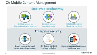 10 © 2014 CA. ALL RIGHTS RESERVED.
CA Mobile Content Management
Employee productivity:
Unified access to
disparate content sources
Content access
across devices
Collaboration over
disparate content
Enterprise security:
Smart content through
Smart Containerization™
On device content
caching policies
Content access disablement
on device loss
 