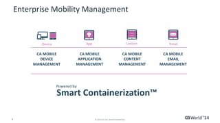 8 © 2014 CA. ALL RIGHTS RESERVED.
Enterprise Mobility Management
Device Content
___
___
___
Email
CA MOBILE
EMAIL
MANAGEMENT
CA MOBILE
DEVICE
MANAGEMENT
CA MOBILE
APPLICATION
MANAGEMENT
CA MOBILE
CONTENT
MANAGEMENT
App
Smart Containerization™
Powered by
 