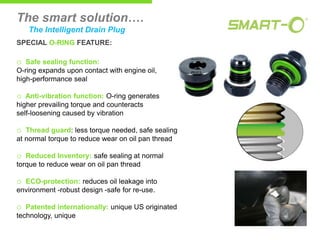 The smart solution….
The Intelligent Drain Plug
SPECIAL O-RING FEATURE:

o Safe sealing function:
O-ring expands upon contact with engine oil,
high-performance seal

o Anti-vibration function: O-ring generates
higher prevailing torque and counteracts
self-loosening caused by vibration

o Thread guard: less torque needed, safe sealing
at normal torque to reduce wear on oil pan thread

o Reduced Inventory: safe sealing at normal
torque to reduce wear on oil pan thread

o ECO-protection: reduces oil leakage into
environment -robust design -safe for re-use.

o Patented internationally: unique US originated
technology, unique

 