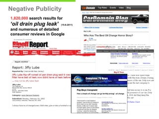 Negative Publicity
1,820,000 search results for

‘oil drain plug leak’

(15-6-2011)

and numerous of detailed
consumer reviews in Google

 