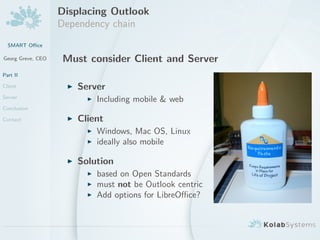 Displacing Outlook
                   Dependency chain
  SMART O?ce

Georg Greve, CEO   Must consider Client and Server
Part II

Client                Server
Server
                          Including mobile & web
Conclusion

Contact               Client
                          Windows, Mac OS, Linux
                          ideally also mobile

                      Solution
                          based on Open Standards
                          must not be Outlook centric
                          Add options for LibreO?ce?
 