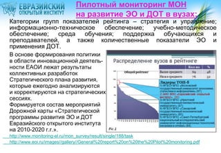 Пилотный мониторинг МОН
на развитие ЭО и ДОТ в вузах:

Категории групп показателей рейтинга – стратегия и управление;
информационно-техническое
обеспечение;
учебно-методическое
обеспечение;
среда
обучения;
поддержка
обучающихся
и
преподавателей, а также количественные показатели ЭО и
применения ДОТ.
В основе формирования политики
в области инновационной деятельности ЕАОИ лежат результаты
коллективных разработок
Стратегического плана развития,
которые ежегодно анализируются
и корректируются на стратегических
сессиях.
Формируется состав мероприятий
Дорожной карты «Стратегической
программы развития ЭО и ДОТ
Евразийского открытого института
на 2010-2020 г.г.».
http://www.monitoring-el.ru/mon_survey/result/single/188/task
http://www.eoi.ru/images//gallery//General%20report%20on%20the%20Pilot%20monitoring.pdf

 