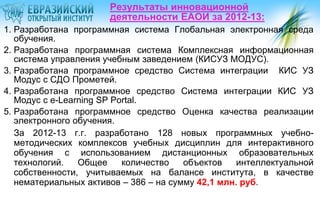 Результаты инновационной
деятельности ЕАОИ за 2012-13:
1. Разработана программная система Глобальная электронная среда
обучения.
2. Разработана программная система Комплексная информационная
система управления учебным заведением (КИСУЗ МОДУС).
3. Разработана программное средство Система интеграции КИС УЗ
Модус с СДО Прометей.
4. Разработана программное средство Система интеграции КИС УЗ
Модус с e-Learning SP Portal.
5. Разработана программное средство Оценка качества реализации
электронного обучения.
За 2012-13 г.г. разработано 128 новых программных учебнометодических комплексов учебных дисциплин для интерактивного
обучения с использованием дистанционных образовательных
технологий.
Общее
количество
объектов
интеллектуальной
собственности, учитываемых на балансе института, в качестве
нематериальных активов – 386 – на сумму 42,1 млн. руб.

 