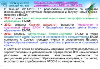 Результаты инновационной
деятельности ЕАОИ за 2012-13:
В течение 2011-2013 г.г. реализованы стартап’ы по созданию
инновационных структурных подразделений и запуску новых бизнеспроектов в ЕАОИ:
• 2011: создан Центр независимой оценки качества профессионального
образования ЕАОИ;
• 2012: созданы Казачий факультет, факультет Управления в
социальной сфере ЕАОИ и Евразийская высшая школа бизнесобразования ЕАОИ;
• 2013: созданы Студенческий бизнес-инкубатор ЕАОИ; а также
Евразийский центр научного и инновационного сотрудничества ЕАОИ
совместно с Союзом молодых ученых и специалистов Евразии;
Научно-образовательный центр проблем управления в социальной
сфере.
В настоящее время в Евразийском открытом институте разработаны и
зарегистрированы в установленном порядке более 800 наименований
различных
актуализированных
электронных
учебников
по
дисциплинам реализуемых образовательных программ, в том числе,
в соответствии с требованиями ФГОС-3 по интерактивности.
.

 