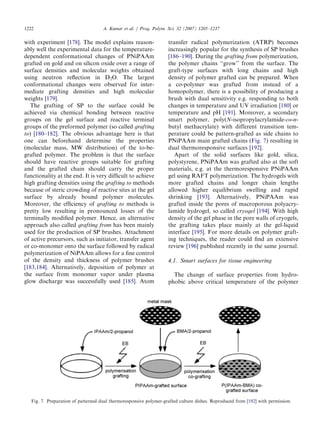 with experiment [178]. The model explains reason-
ably well the experimental data for the temperature-
dependent conformational changes of PNiPAAm
grafted on gold and on silicon oxide over a range of
surface densities and molecular weights obtained
using neutron reﬂection in D2O. The largest
conformational changes were observed for inter-
mediate grafting densities and high molecular
weights [179].
The grafting of SP to the surface could be
achieved via chemical bonding between reactive
groups on the gel surface and reactive terminal
groups of the preformed polymer (so called grafting
to) [180–182]. The obvious advantage here is that
one can beforehand determine the properties
(molecular mass, MW distribution) of the to-be-
grafted polymer. The problem is that the surface
should have reactive groups suitable for grafting
and the grafted chain should carry the proper
functionality at the end. It is very difﬁcult to achieve
high grafting densities using the grafting to methods
because of steric crowding of reactive sites at the gel
surface by already bound polymer molecules.
Moreover, the efﬁciency of grafting to methods is
pretty low resulting in pronounced losses of the
terminally modiﬁed polymer. Hence, an alternative
approach also called grafting from has been mainly
used for the production of SP brushes. Attachment
of active precursors, such as initiator, transfer agent
or co-monomer onto the surface followed by radical
polymerization of NiPAAm allows for a ﬁne control
of the density and thickness of polymer brushes
[183,184]. Alternatively, deposition of polymer at
the surface from monomer vapor under plasma
glow discharge was successfully used [185]. Atom
transfer radical polymerization (ATRP) becomes
increasingly popular for the synthesis of SP brushes
[186–190]. During the grafting from polymerization,
the polymer chains ‘‘grow’’ from the surface. The
graft-type surfaces with long chains and high
density of polymer grafted can be prepared. When
a co-polymer was grafted from instead of a
homopolymer, there is a possibility of producing a
brush with dual sensitivity e.g. responding to both
changes in temperature and UV irradiation [180] or
temperature and pH [191]. Moreover, a secondary
smart polymer, poly(N-isopropylacrylamide-co-n-
butyl methacrylate) with different transition tem-
perature could be pattern-grafted as side chains to
PNiPAAm main grafted chains (Fig. 7) resulting in
dual thermoresponsive surfaces [192].
Apart of the solid surfaces like gold, silica,
polystyrene, PNiPAAm was grafted also at the soft
materials, e.g. at the thermoresponsive PNiPAAm
gel using RAFT polymerization. The hydrogels with
more grafted chains and longer chain lengths
allowed higher equilibrium swelling and rapid
shrinking [193]. Alternatively, PNiPAAm was
grafted inside the pores of macroporous polyacry-
lamide hydrogel, so called cryogel [194]. With high
density of the gel phase in the pore walls of cryogels,
the grafting takes place mainly at the gel-liquid
interface [195]. For more details on polymer graft-
ing techniques, the reader could ﬁnd an extensive
review [196] published recently in the same journal.
4.1. Smart surfaces for tissue engineering
The change of surface properties from hydro-
phobic above critical temperature of the polymer
ARTICLE IN PRESS
Fig. 7. Preparation of patterned dual thermoresponsive polymer-grafted culture dishes. Reproduced from [192] with permission.
A. Kumar et al. / Prog. Polym. Sci. 32 (2007) 1205–12371222
 