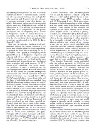 grafted to hydrophilic below it has been successfully
used for detachment of mammalian cells. Mamma-
lian cells are normally cultivated on a hydrophobic
solid substrate and detached from the substrate
by protease treatment, which often damages the
cells by hydrolyzing various membrane-associated
protein molecules. PNiPAAm-grafted surface is
hydrophobic at 37 1C because this temperature is
above the critical temperature for the grafted
polymer and cells are well growing on it. Decrease
in temperature results in surface transition to
hydrophilic state and the cells are easily detached
from the solid substrate without any damage. This
technology was pioneered in the 1990s by Teruo
Okano [197–199].
Since then the technology has been signiﬁcantly
developed allowing for example, cultivation of cell
sheets with designed shape for tissue engineering.
Shaping of cell sheets were achieved by the use of
PNiPAAm and poly(N,N0
-dimethylacrylamide)
[poly(DMAAM)] for temperature-responsive cell
adhesive and cell non-adhesive domains, respec-
tively. These polymers were covalently grafted onto
tissue culture polystyrene dish surfaces by electron
beam irradiation with mask patterns. At 37 1C,
human aortic endothelial cells attach, spread,
and proliferate to make a monolayer only on
PNiPAAm-grafted domains. However, endothelial
cells do not adhere on poly(DMAAM)-grafted
domains even after 1 month cultivation. When the
culture temperature was reduced below 32 1C,
PNiPAAm-grafted chains become hydrophilic and
the sheets of endothelial cells were detached from
the PNiPAAm-grafted surfaces without any need of
protease treatment. Cell–cell junctions are retained
intact in the recovered cell sheets which could be
easily transferred to fresh culture dishes with the aid
of hydrophilically modiﬁed polyvinylideneﬂuoride
membrane as a supporter during the transfer. The
transferred cell sheets adhere rapidly onto the dish
surfaces, and the supporting membrane is easily
peeled off from the cell layers. Endothelial cell
sheets transferred to new dishes revealed the
identical shape and size to those before transfer
[200]. The same approach was used to cultivate cell
sheets of renal epithelial cell [201,202], random co-
culture of epithelial and mesenchymal cells of lung
[203] or bovine aortic endothelial cells [204].
Microglia [205] or human monocytes and mono-
cyte-derived macrophages [206] were also success-
fully cultivated on PNiPAAm-grafted substrates
and released by decreasing temperature.
Cellular interactions with PNiPAAm-grafted
surfaces can be regulated vertically using the
thickness of the grafted polymer layers in nan-
ometer-scale range. PNiPAAm-grafted surfaces
with 15–20-nm-thick layers exhibit temperature-
dependent cell adhesion/detachment, while surfaces
with layer thicker than 30 nm do not support cell
adhesion. These changes in cell adhesion are
explained by the limited mobility of the surface-
grafted polymer chains as a function of grafting,
hydration, and temperature [207]. Lateral regula-
tion of the cell adhesion on the smart surface is
achieved by nano-patterning of surface chemistry.
On a chemically patterned surface (Fig. 7), site-
selective adhesion and growth of rat primary
hepatocytes and bovine carotid endothelial cells
allowed for patterned co-culture, exploiting hydro-
phobic/hydrophilic surface chemistry regulated by
culture temperature as the sole variable. At 27 1C,
seeded hepatocytes adhered exclusively onto hydro-
phobic, dehydrated poly(N-isopropylacrylamide-co-
n-butyl methacrylate) co-grafted domains (1-mm
area), but not onto neighboring hydrated PNi-
PAAm domains. Sequentially seeded endothelial
cells then adhered exclusively to PNiPAAm do-
mains which become hydrophobic upon increasing
temperature to 37 1C, achieving patterned co-
cultures. Reducing culture temperature to 20 1C
promoted hydration of both polymer-grafted do-
mains, permitting release of the co-cultured, pat-
terned cell monolayers as continuous cell sheets
with heterotypic cell interactions. Recovered co-
cultured cell sheets can be manipulated, moved and
sandwiched with other structures [192]. A well-
coordinated co-culture of three or more cell types
might also be realized since the transition tempera-
ture of grafted thermosensitive (co)polymer can be
readily varied, both over successive temperature
regimes and spatially across the culture surface
simultaneously using coordinated masks and co-
polymerization. Combinations of multiple masking
different co-polymers at each mask step would
produce a thermally varied, spatially responsive
surface capable of supporting selective sequential
seeding of multiple cell types, depending on seed
temperature [208].
As the cell–cell contacts are maintained intact in
the cell sheets detached from the PNiPAAm-grafted
surfaces, the cell sheets could be used for an
advanced engineering of 3-D-functional tissues
mimicking the structure of tissues in the living
organisms [209]. The double-layered co-culture was
ARTICLE IN PRESS
A. Kumar et al. / Prog. Polym. Sci. 32 (2007) 1205–1237 1223
 
