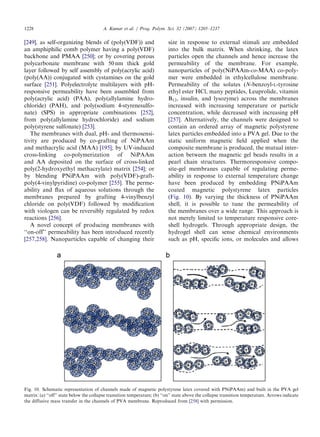 [249], as self-organizing blends of (poly(VDF)) and
an amphiphilic comb polymer having a poly(VDF)
backbone and PMAA [250]; or by covering porous
polycarbonate membrane with 50nm thick gold
layer followed by self assembly of poly(acrylic acid)
(poly(AA)) conjugated with cystamines on the gold
surface [251]. Polyelectrolyte multilayers with pH-
responsive permeability have been assembled from
poly(acrylic acid) (PAA), poly(allylamine hydro-
chloride) (PAH), and poly(sodium 4-styrenesulfo-
nate) (SPS) in appropriate combinations [252],
from poly(allylamine hydrochloride) and sodium
poly(styrene sulfonate) [253].
The membranes with dual, pH- and thermosensi-
tivity are produced by co-grafting of NiPAAm
and methacrylic acid (MAA) [195]; by UV-induced
cross-linking co-polymerization of NiPAAm
and AA deposited on the surface of cross-linked
poly(2-hydroxyethyl methacrylate) matrix [254]; or
by blending PNiPAAm with poly(VDF)-graft-
poly(4-vinylpyridine) co-polymer [255]. The perme-
ability and ﬂux of aqueous solutions through the
membranes prepared by grafting 4-vinylbenzyl
chloride on poly(VDF) followed by modiﬁcation
with viologen can be reversibly regulated by redox
reactions [256].
A novel concept of producing membranes with
‘‘on-off’’ permeability has been introduced recently
[257,258]. Nanoparticles capable of changing their
size in response to external stimuli are embedded
into the bulk matrix. When shrinking, the latex
particles open the channels and hence increase the
permeability of the membrane. For example,
nanoparticles of poly(NiPAAm-co-MAA) co-poly-
mer were embedded in ethylcellulose membrane.
Permeability of the solutes (N-benzoyl-L-tyrosine
ethyl ester HCl, many peptides, Leuprolide, vitamin
B12, insulin, and lysozyme) across the membranes
increased with increasing temperature or particle
concentration, while decreased with increasing pH
[257]. Alternatively, the channels were designed to
contain an ordered array of magnetic polystyrene
latex particles embedded into a PVA gel. Due to the
static uniform magnetic ﬁeld applied when the
composite membrane is produced, the mutual inter-
action between the magnetic gel beads results in a
pearl chain structures. Thermoresponsive compo-
site-gel membranes capable of regulating perme-
ability in response to external temperature change
have been produced by embedding PNiPAAm
coated magnetic polystyrene latex particles
(Fig. 10). By varying the thickness of PNiPAAm
shell, it is possible to tune the permeability of
the membranes over a wide range. This approach is
not merely limited to temperature responsive core-
shell hydrogels. Through appropriate design, the
hydrogel shell can sense chemical environments
such as pH, speciﬁc ions, or molecules and allows
ARTICLE IN PRESS
Fig. 10. Schematic representation of channels made of magnetic polystyrene latex covered with PNiPAAm) and built in the PVA gel
matrix: (a) ‘‘off’’ state below the collapse transition temperature; (b) ‘‘on’’ state above the collapse transition temperature. Arrows indicate
the diffusive mass transfer in the channels of PVA membrane. Reproduced from [258] with permission.
A. Kumar et al. / Prog. Polym. Sci. 32 (2007) 1205–12371228
 