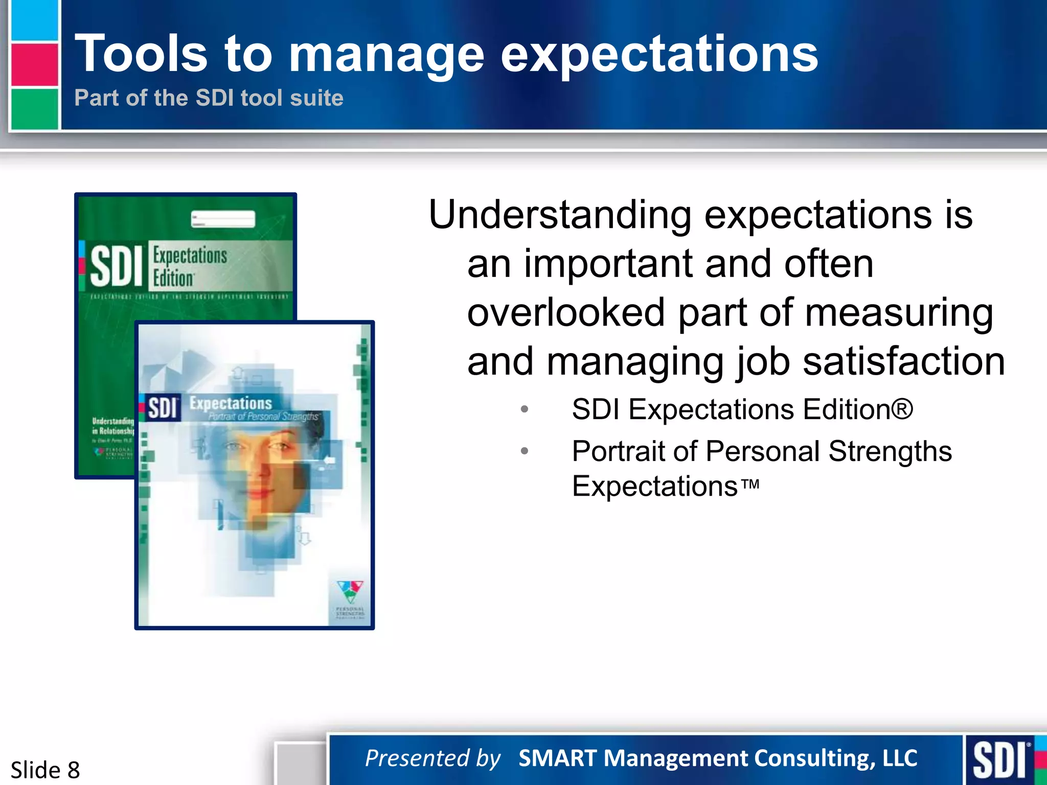 Tools to manage expectations
      Part of the SDI tool suite




                                        Understanding expectations is
                                         an important and often
                                         overlooked part of measuring
                                         and managing job satisfaction
                                               •   SDI Expectations Edition®
                                               •   Portrait of Personal Strengths
                                                   Expectations™




Slide 8                            Presented by SMART Management Consulting, LLC
 