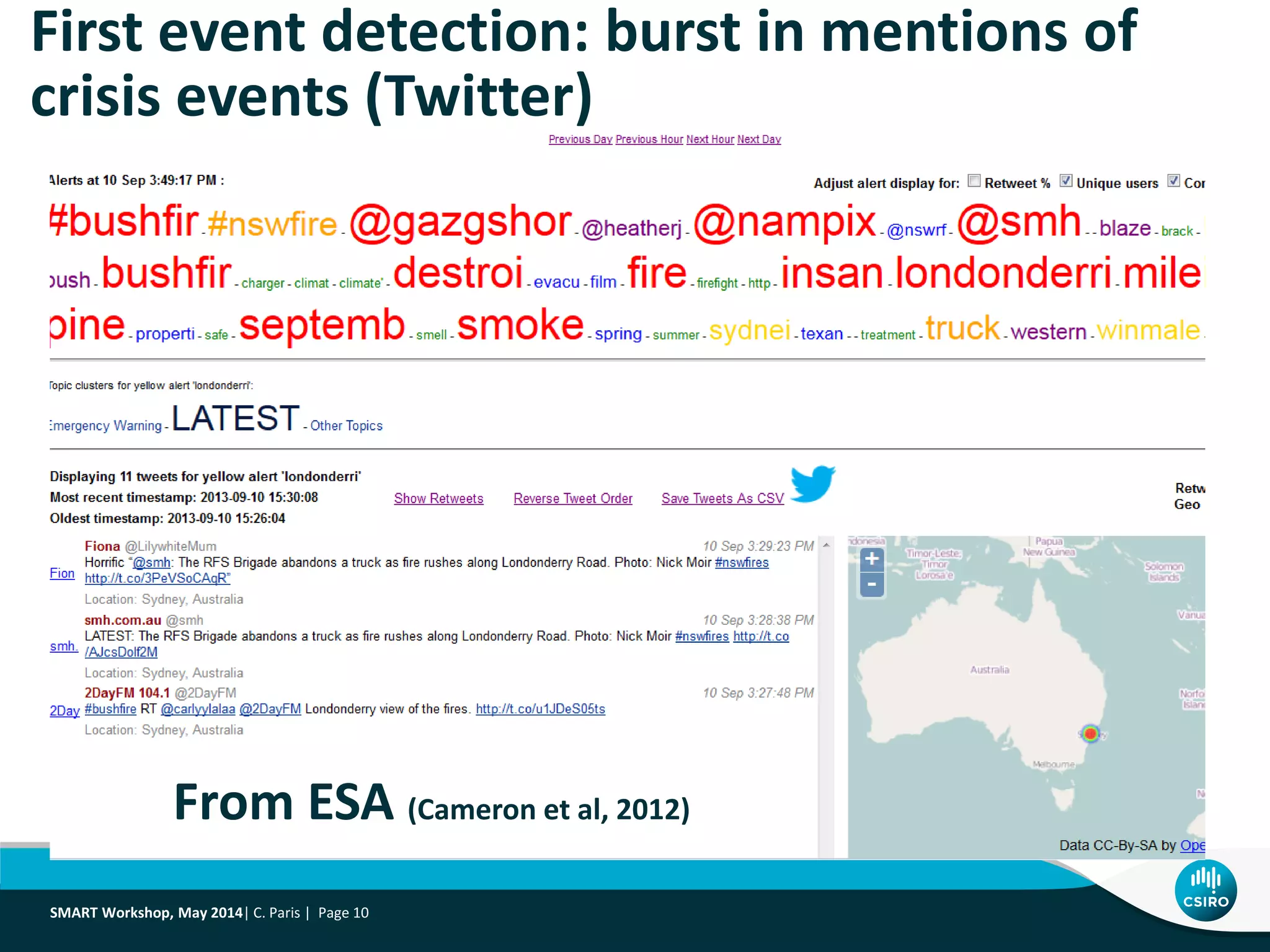 First event detection: burst in mentions of
crisis events (Twitter)
From ESA (Cameron et al, 2012)
SMART Workshop, May 2014| C. Paris | Page 10
 