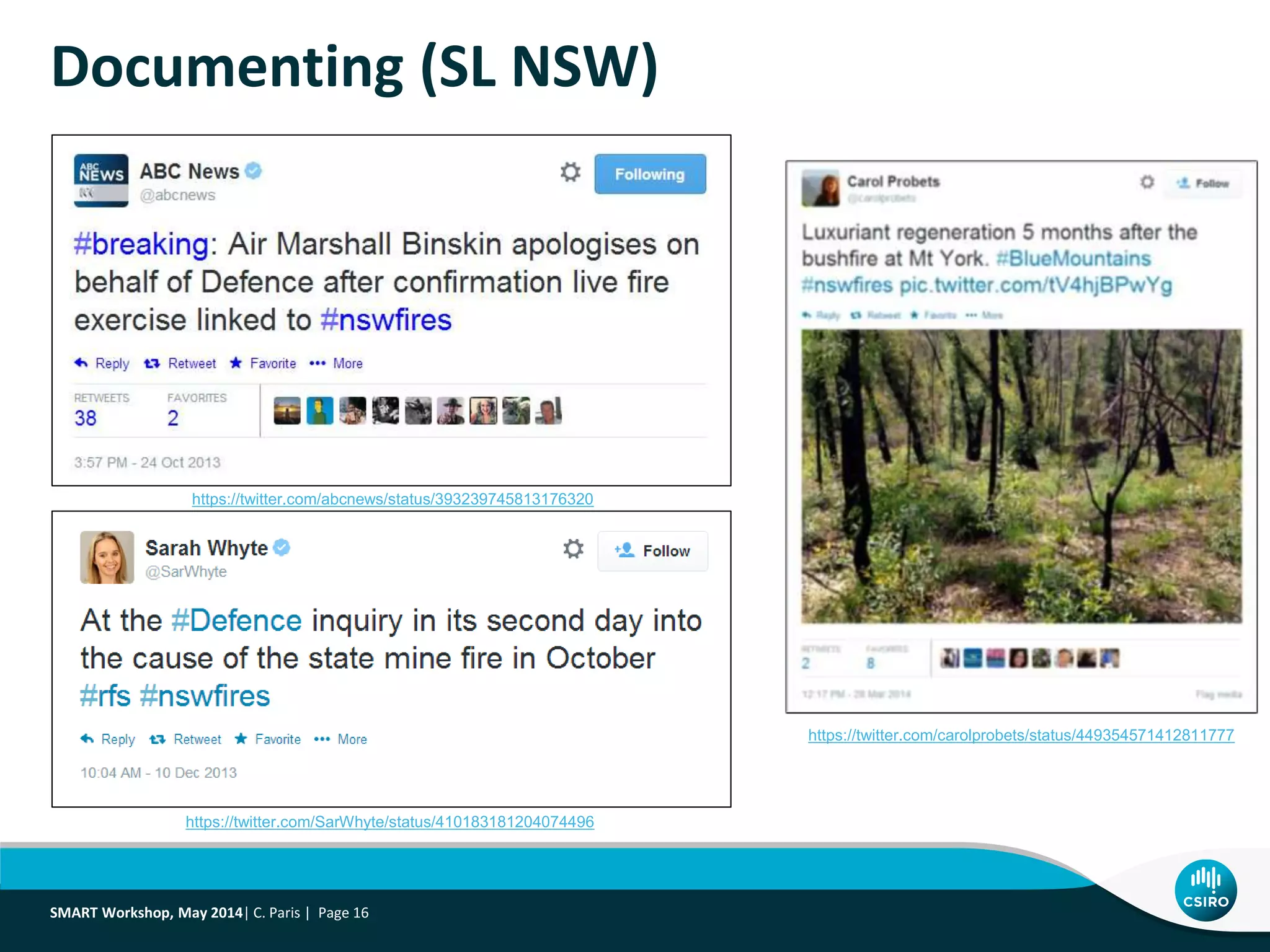 Documenting (SL NSW)
https://twitter.com/carolprobets/status/449354571412811777
https://twitter.com/abcnews/status/393239745813176320
https://twitter.com/SarWhyte/status/410183181204074496
SMART Workshop, May 2014| C. Paris | Page 16
 
