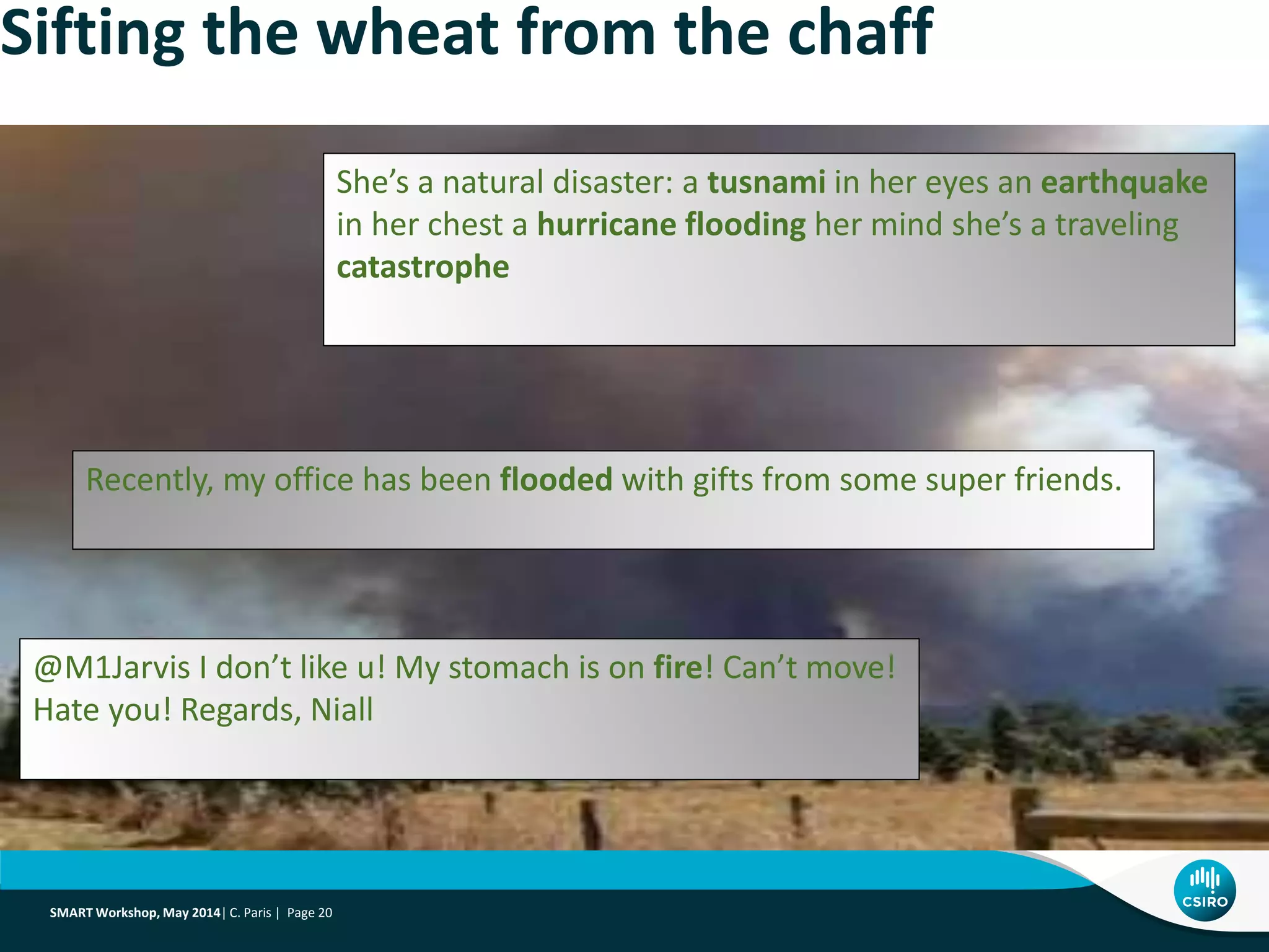 She’s a natural disaster: a tusnami in her eyes an earthquake
in her chest a hurricane flooding her mind she’s a traveling
catastrophe
Recently, my office has been flooded with gifts from some super friends.
@M1Jarvis I don’t like u! My stomach is on fire! Can’t move!
Hate you! Regards, Niall
Sifting the wheat from the chaff
SMART Workshop, May 2014| C. Paris | Page 20
 
