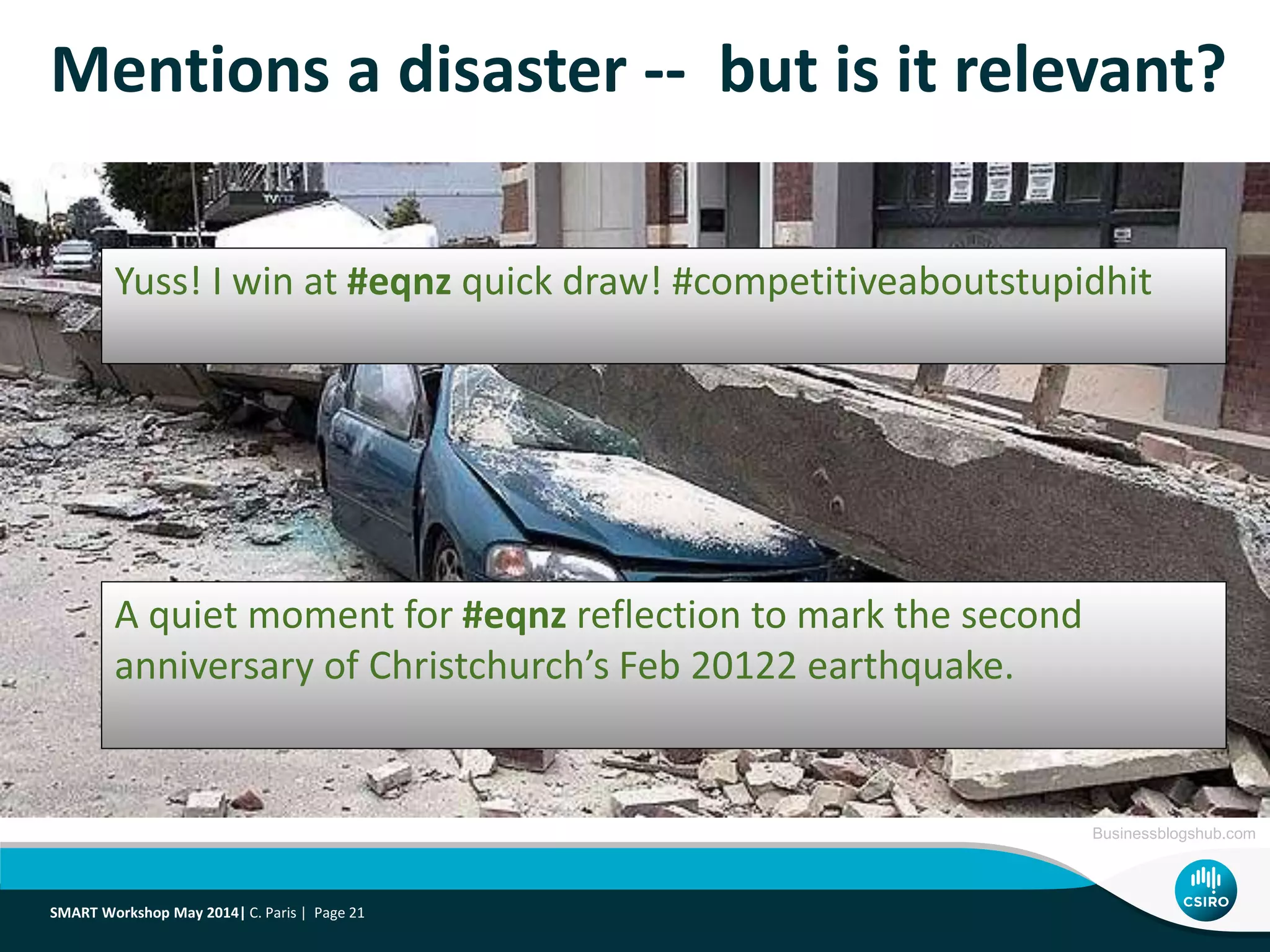 Mentions a disaster -- but is it relevant?
A quiet moment for #eqnz reflection to mark the second
anniversary of Christchurch’s Feb 20122 earthquake.
Yuss! I win at #eqnz quick draw! #competitiveaboutstupidhit
Businessblogshub.com
SMART Workshop May 2014| C. Paris | Page 21
 