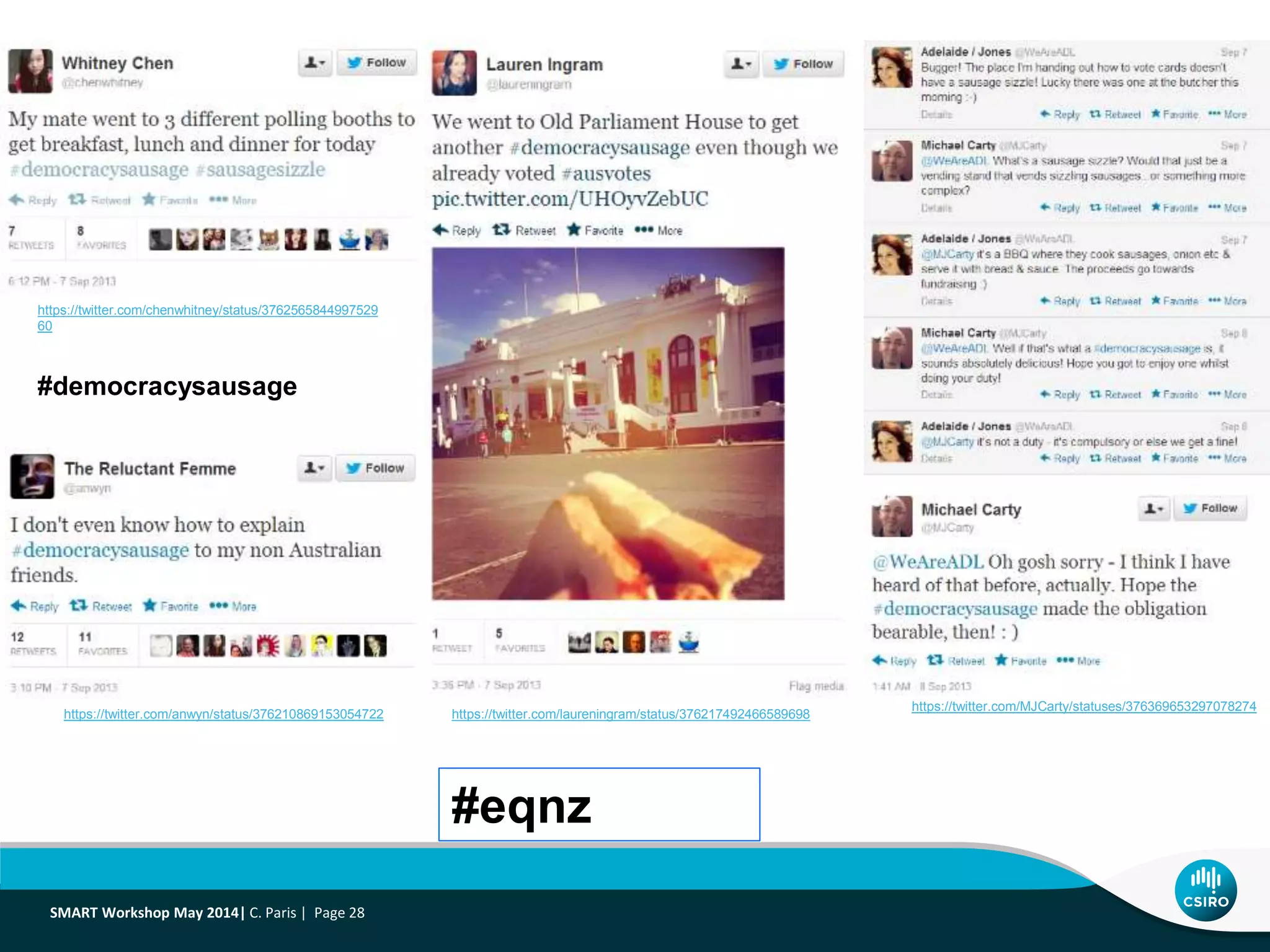 https://twitter.com/chenwhitney/status/3762565844997529
60
https://twitter.com/MJCarty/statuses/376369653297078274
https://twitter.com/laureningram/status/376217492466589698https://twitter.com/anwyn/status/376210869153054722
#democracysausage
#eqnz
SMART Workshop May 2014| C. Paris | Page 28
 