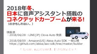 2018年冬、
日本に音声アシスタント搭載の
コネクテッドカーブームが来る!
（のかもしれない。）
情報源
・2018/06/28：LINE(JP) Clova Auto 発表
・2018/08/09：Amazon(US) Alexa Auto SDK 一般公開
https://github.com/alexa/aac-sdk/tree/master/builder
 