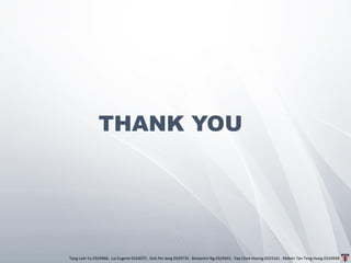 Tang Lam Yu 0324966 . Lai Eugene 0324075 . Goh Pei Jeng 0329735 . Benjamin Ng 0324541 . Yap Choe Hoong 0323161 . Melvin Tan Teng Hung 0324938
THANK YOU
 