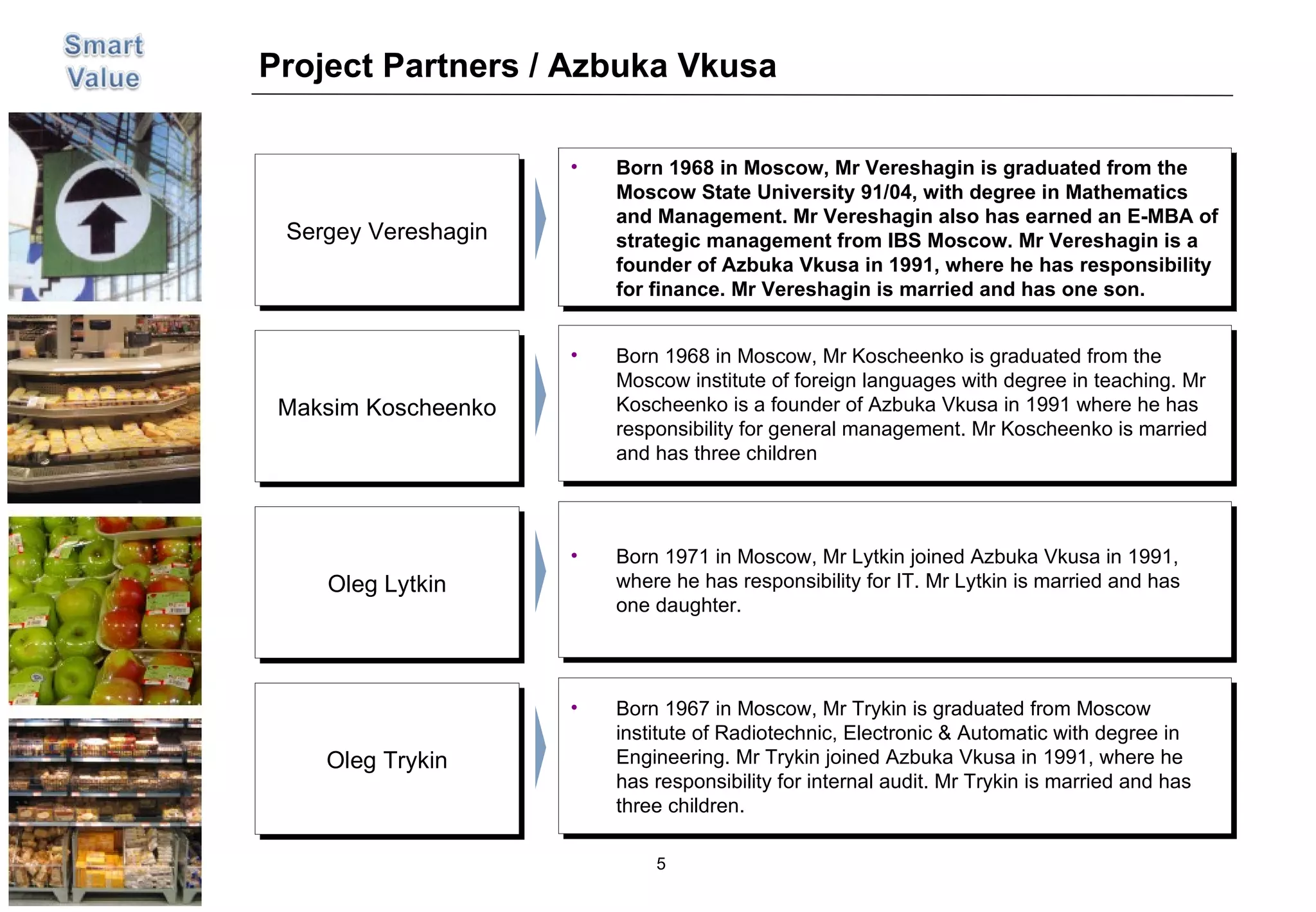 Project Partners / Azbuka Vkusa Born 1968 in Moscow, Mr Vereshagin is graduated from the Moscow State University 91/04, with degree in Mathematics  and Management. Mr Vereshagin also has earned an E-MBA of strategic management from IBS Moscow. Mr Vereshagin is a founder of Azbuka Vkusa in 1991, where he has responsibility for finance. Mr Vereshagin is married and has one son. Sergey Vereshagin Born 1968 in Moscow, Mr Koscheenko is graduated from the Moscow institute of foreign languages with degree in teaching. Mr Koscheenko is a founder of Azbuka Vkusa in 1991 where he has responsibility for general management. Mr Koscheenko is married and has three children Maksim Koscheenko Born 1971 in Moscow, Mr Lytkin joined Azbuka Vkusa in 1991, where he has responsibility for IT. Mr Lytkin is married and has one daughter. Oleg Lytkin Born 1967 in Moscow, Mr Trykin is graduated from Moscow institute of Radiotechnic, Electronic & Automatic with degree in Engineering. Mr Trykin joined Azbuka Vkusa in 1991, where he has responsibility for internal audit. Mr Trykin is married and has three children.  Oleg Trykin 