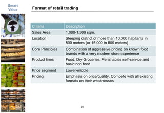 Format of retail trading Criteria Description Sales Area 1,000-1,500 sqm. Location Sleeping district of more than 10.000 habitants in 500 meters (or 15.000 in 800 meters) Core Principles Combination of aggressive pricing on known food brands with a very modern store experience Product lines Food; Dry Groceries, Perishables self-service and basic non food Price segment Lower-middle Pricing Emphasis on price/quality. Compete with all existing formats on their weaknesses 