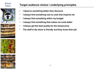 Target audience choice / underlying principles I deserve something better than discount  I always find something new to cook that inspires me I always find something within my budget I always find something that makes me cook better I always get the best quality for the lowest price The staff in the store is friendly and they know their job 