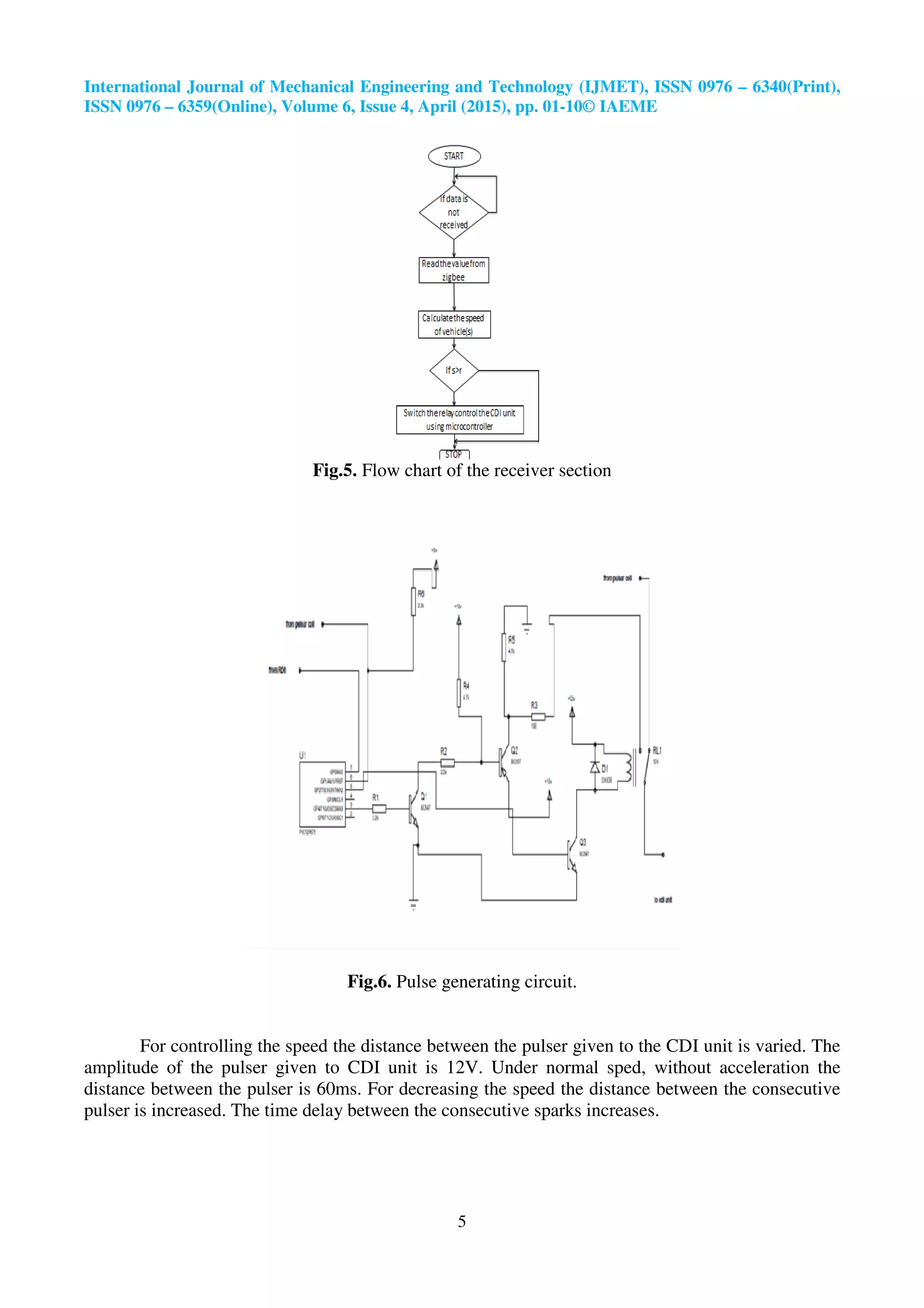 International Journal of Mechanical Engineering and Technology (IJMET), ISSN 0976
ISSN 0976 – 6359(Online), Volume 6, Issue
Fig.5.
For controlling the speed the distance between the pulser
amplitude of the pulser given to CDI unit is 12V. Under normal sped, without acceleration the
distance between the pulser is 60ms. For decreasing the speed the distance between the consecutive
pulser is increased. The time delay between the consecutive sparks increases.
International Journal of Mechanical Engineering and Technology (IJMET), ISSN 0976
6359(Online), Volume 6, Issue 4, April (2015), pp. 01-10© IAEME
5
Fig.5. Flow chart of the receiver section
Fig.6. Pulse generating circuit.
For controlling the speed the distance between the pulser given to the CDI unit is varied. The
amplitude of the pulser given to CDI unit is 12V. Under normal sped, without acceleration the
distance between the pulser is 60ms. For decreasing the speed the distance between the consecutive
time delay between the consecutive sparks increases.
International Journal of Mechanical Engineering and Technology (IJMET), ISSN 0976 – 6340(Print),
given to the CDI unit is varied. The
amplitude of the pulser given to CDI unit is 12V. Under normal sped, without acceleration the
distance between the pulser is 60ms. For decreasing the speed the distance between the consecutive
 