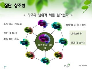 집단 창조성
           < 사고의 범위가 뇌를 넘어선다 >

소유에서 공유로                   창발적 자기조직화


개인의 확대                       Linked In

획일화는 아님
                             관계가 능력!
                창조적 에너지
                   와
                  생각




                                   Lee Minhwa
26
이민
화
 
