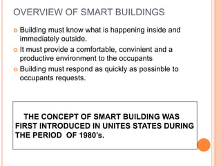 OVERVIEW OF SMART BUILDINGS
 Building must know what is happening inside and
immediately outside.
 It must provide a comfortable, convinient and a
productive environment to the occupants
 Building must respond as quickly as possinble to
occupants requests.
THE CONCEPT OF SMART BUILDING WAS
FIRST INTRODUCED IN UNITES STATES DURING
THE PERIOD OF 1980’s.
 